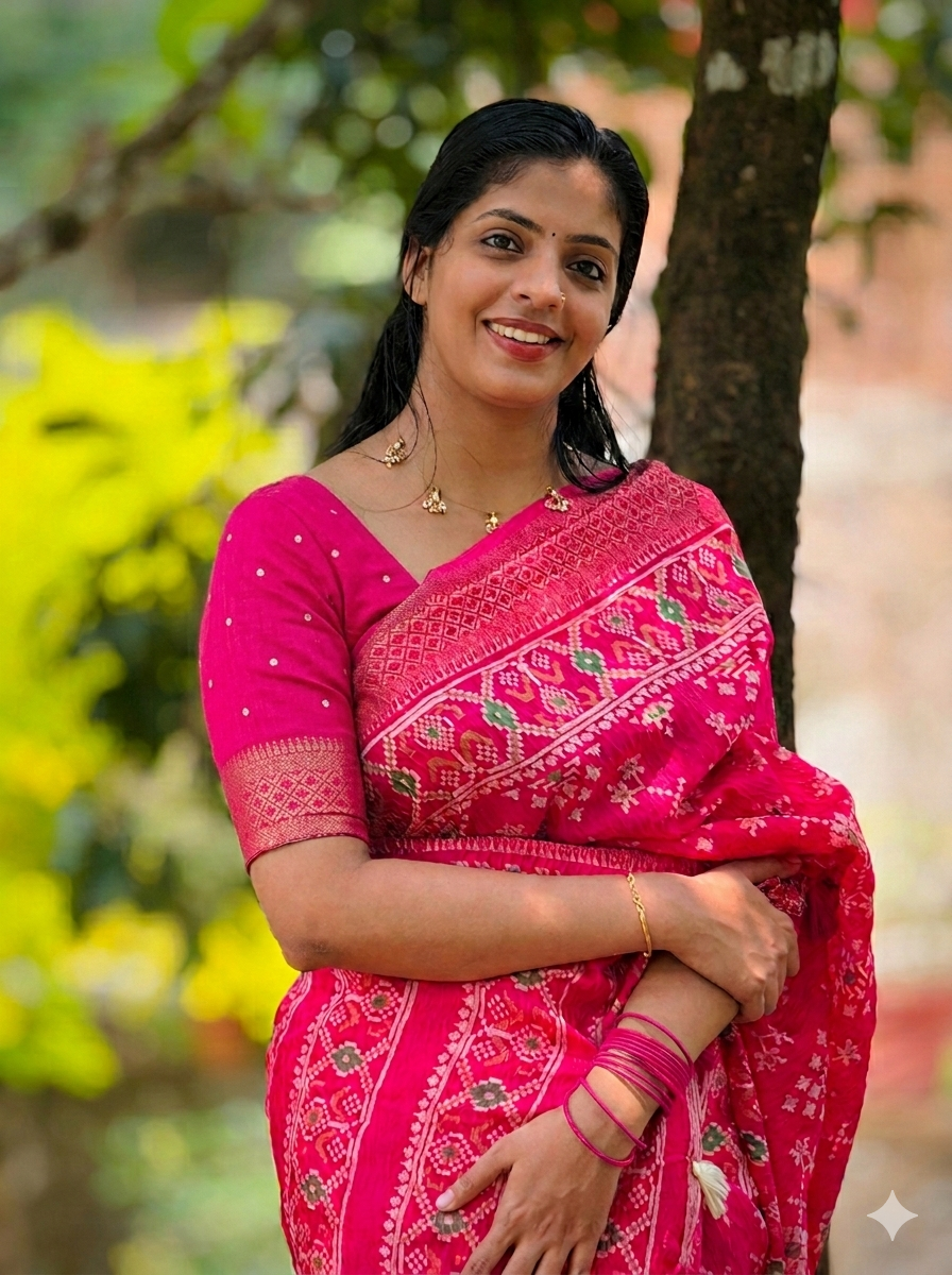 Item Code-DD18,Crushed Saree :An exquisite display of intricate patterns and radiant pink color designed to make a statement. - Image 3