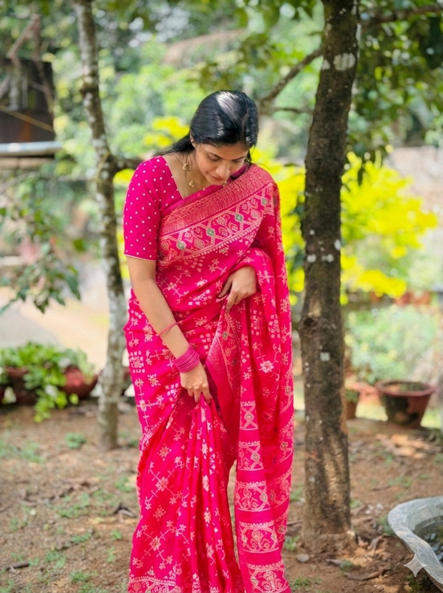Item Code-DD18,Crushed Saree :An exquisite display of intricate patterns and radiant pink color designed to make a statement. - Image 2