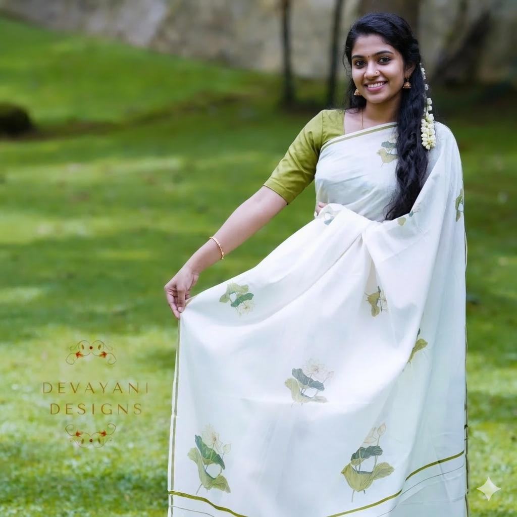 Item Code-DD01,Lotus Printed Kerala Saree - Image 2