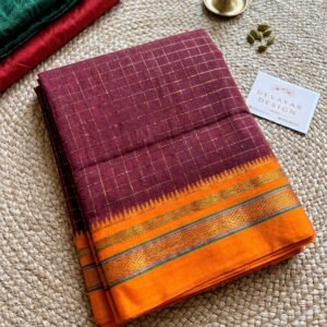Item Code-DD10,Maroon Gold Checkered Handloom Saree with Vibrant Orange Border