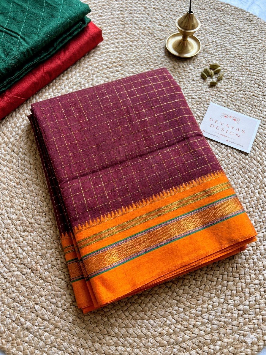 Item Code-DD10,Maroon Gold Checkered Handloom Saree with Vibrant Orange Border