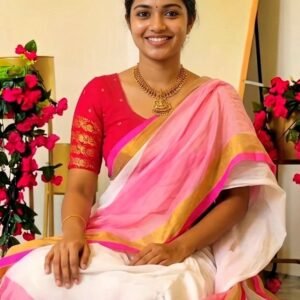 Item Code-DD25,Mulcotton Saree:A delicate dance of ivory, pink, and gold in the softest mulcotton.
