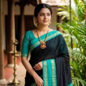 Item Code-DD15,Sungidi Cotton : Timeless black meets vibrant seafoam green saree