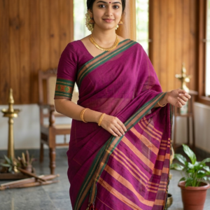 Item Code-DD13,Handloom Cotton Saree-A vibrant magenta canvas meets a classic green temple border.
