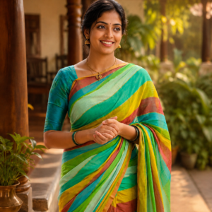 Item Code-DD24,Mulcotton Saree:Rainbow Stripe Green Shade Mulcotton Saree