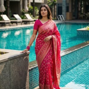 Item Code-DD18,Crushed Saree :An exquisite display of intricate patterns and radiant pink color designed to make a statement.