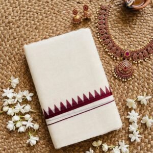 Item Code-DD04,Kerala Puliyilakara Set Mundu Maroon Temple Design