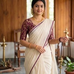Item Code-DD08,Kerala Puliyilakara Set Saree Grape colour