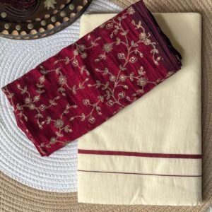 Item Code-DD05,Kerala Puliyilakara Set Saree Maroon