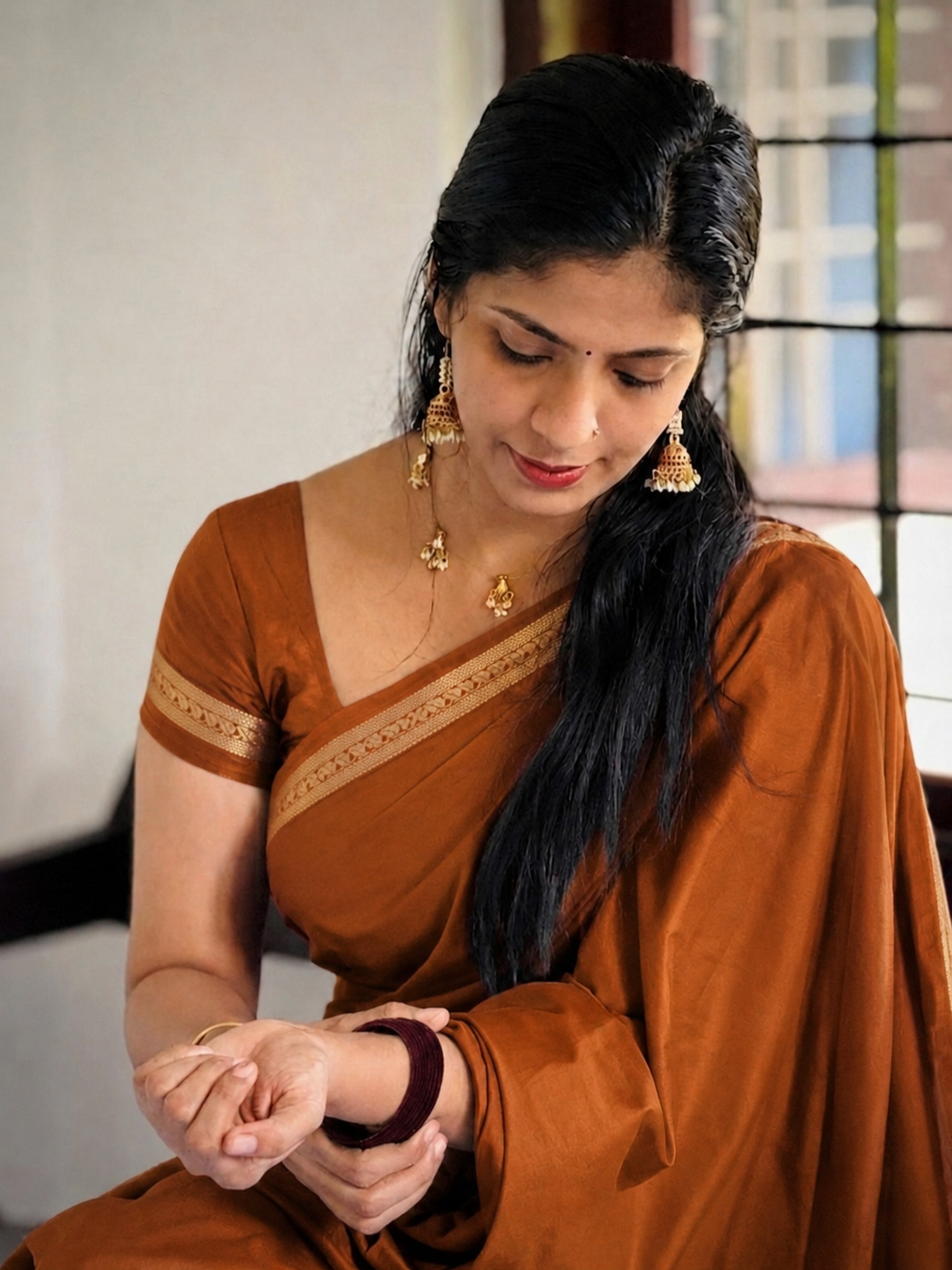 Item Code-DD17,Mysore Silk Saree : Draped in the serene beauty of Orrange and gold