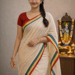 Item Code-DD22,Mulcotton Saree :Traditional elegance meets a vibrant tri-color border