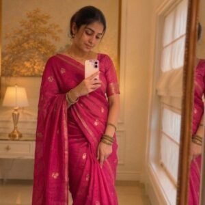 Item Code-DD27,Viscose Khadi Silk : A symphony of rani Pink and delicate golden buttas.