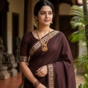 Item Code-DD32,Mysore Silk Saree : Draped in the serene beauty of Coffee Brown and gold